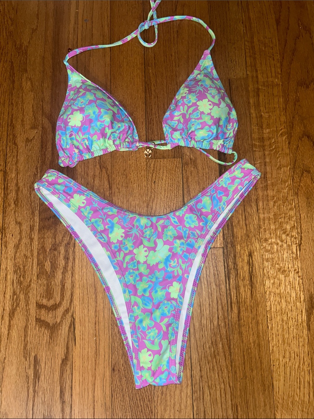 Floral Triangle Bikini Set in Lavender & Aqua sz Large NEW
